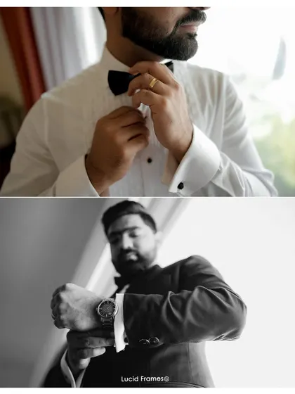 A diptych of the groom's final touches, adjusting his bow tie and his watch.