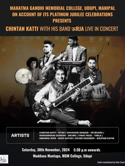 A poster for my band 'Urja's' concert at the Mahatma Gandhi Memorial College in Udupi, as part of their Platinum Jubilee celebrations.
