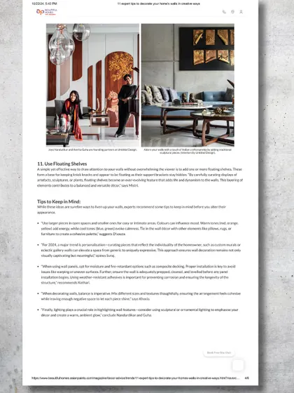 We were thrilled to contribute to Beautiful Homes by Asian Paints, sharing our expert tips on decorating walls with the rich essence of Indian craftsmanship. This article showcases our belief that walls are a canvas for storytelling.