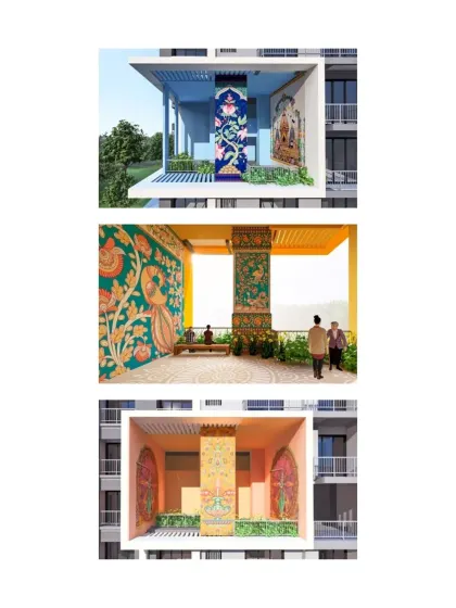 At Krishnasagar Township in Puri, we integrated traditional Odia mural art into double-height open spaces. This design choice weaves cultural heritage into a contemporary township, connecting people with place and memory.