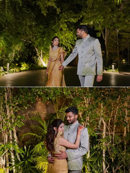 A collage of romantic portraits of Mehak and Shiven in a lush, green, nighttime setting. These shots showcase their connection in a serene and beautiful environment.