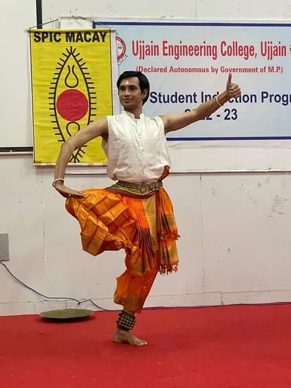 A moment of joy while conducting a student induction program at Ujjain Engineering College. Sharing the art of Kuchipudi with young minds is always fulfilling.