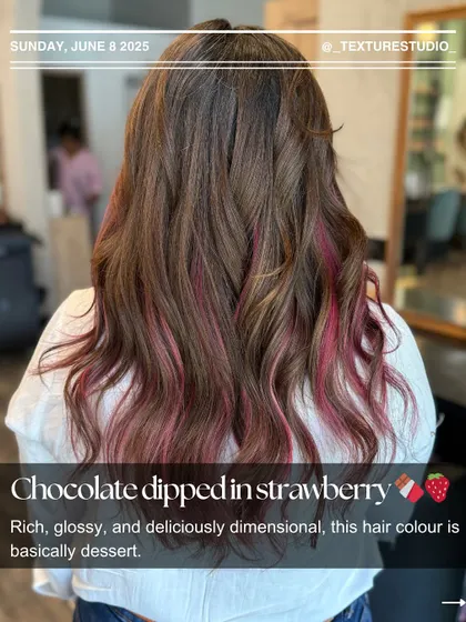 Chocolate dipped in strawberry. This rich, glossy, and deliciously dimensional hair color is basically dessert for your hair.