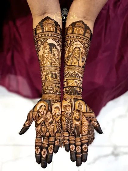 A full view of a heavy bridal design filled with personal stories, including portraits of Radha Krishna, family members, and wedding ceremonies.