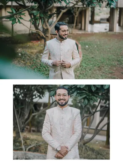 A collage of the groom's portraits from the engagement shoot, showing both a candid moment and a classic posed shot.
