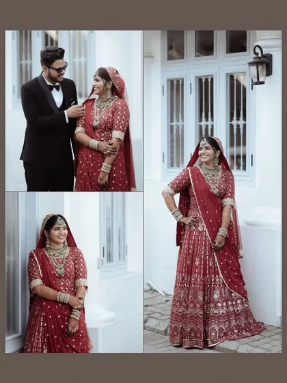 A collage showcasing the beautiful bride in her red lehenga, both with her groom and in stunning solo portraits. It tells a story of their wedding day style.