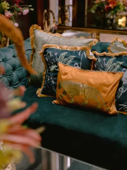 A closer look at the details from the N+A Sangeet. From custom-printed cushions to bold animal motifs, every element is chosen to create a rich, layered, and personalized environment.
