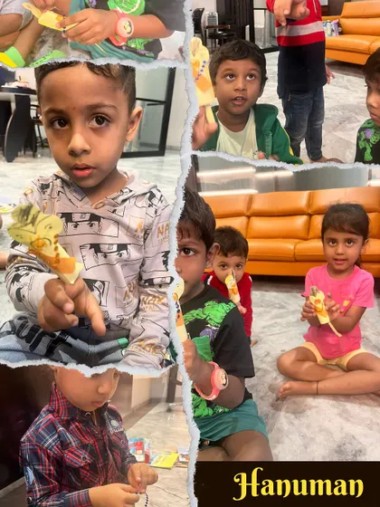 The children were so proud to show off the Hanuman stick puppets they made during our Ramayana storytelling month. Crafting their own characters helps them connect more deeply with the epic tale.