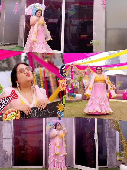 A collage of the bride posing with fun props and her umbrella at her outdoor Haldi ceremony.