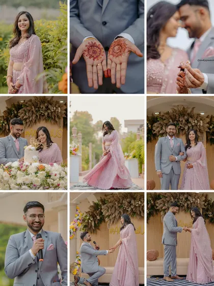 A grid of nine moments that tell the story of the engagement day, from the proposal and ring exchange to portraits and speeches.