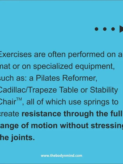 This graphic explains that Pilates can be done on a mat or with specialized equipment like the Reformer or Stability Chair, which use spring resistance for a safe and effective workout.