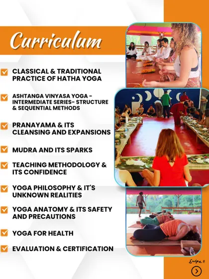 Our 300-hour curriculum is comprehensive. This graphic outlines the modules, including classical Hatha, Ashtanga Vinyasa intermediate series, Pranayama, Mudra, and yoga anatomy.