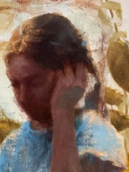A detail from "Conversation of Two Innocent Worlds." This close-up shows the expressive brushwork and the interaction between the two figures, central to the painting's narrative.
