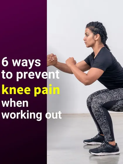 An infographic with 6 ways to prevent knee pain when working out. As someone who has recovered from a knee injury, I am passionate about teaching safe exercise techniques.