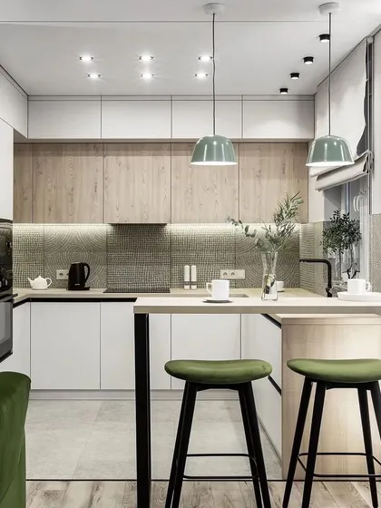 A 3D render of a compact open kitchen with a small breakfast bar for two. This design demonstrates how even smaller spaces can incorporate a social dining element.