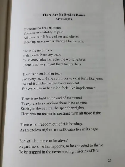 The first page of the poem 'There Are No Broken Bones' by Arti Gupta, published in our anthology. Her work explores deep personal themes, finding a voice through poetry.