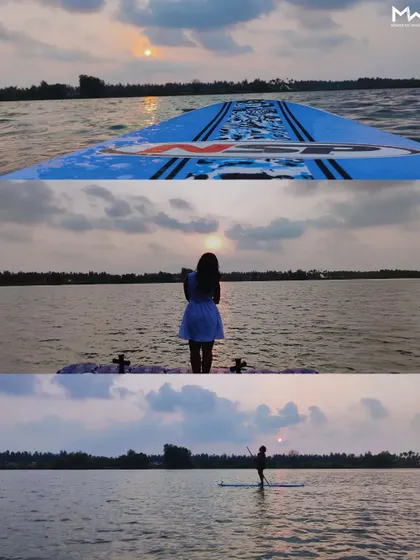 A collage of images from a stand-up paddle session at sunset in Mulki. It's a peaceful yet engaging activity perfect for teams.