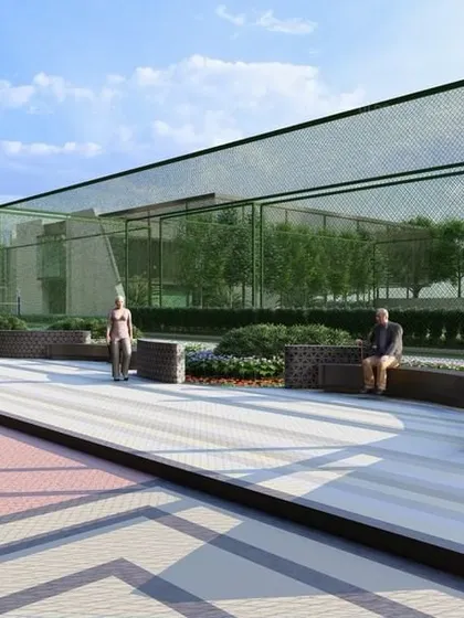 A wide promenade at 'Villa On Sky' with curved, integrated seating, designed to accommodate both individuals and groups, encouraging community interaction.
