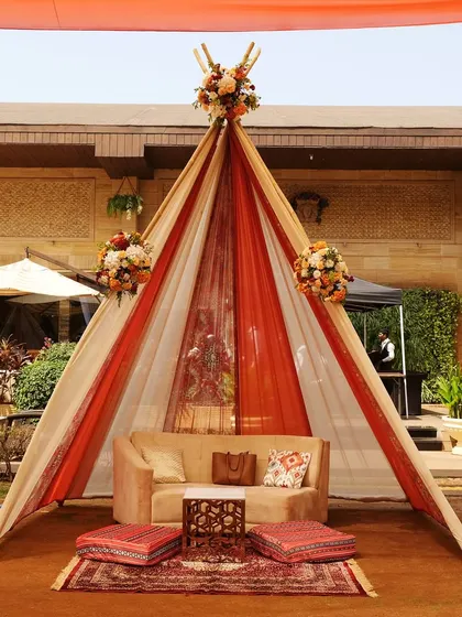 A cozy teepee-style seating arrangement at the Souk Bazaar Mehndi. This offered a relaxed and intimate corner for guests, complete with floor cushions and rustic decor.
