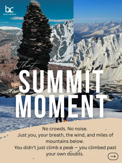 That summit moment. No crowds, no noise. Just you, your breath, and miles of mountains below. This is the reward of climbing a 6000m peak like Yunam in Lahaul.