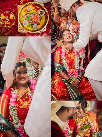 A collection of beautiful moments from a wedding ceremony, including the mangalsutra ritual and the couple sharing a quiet moment.