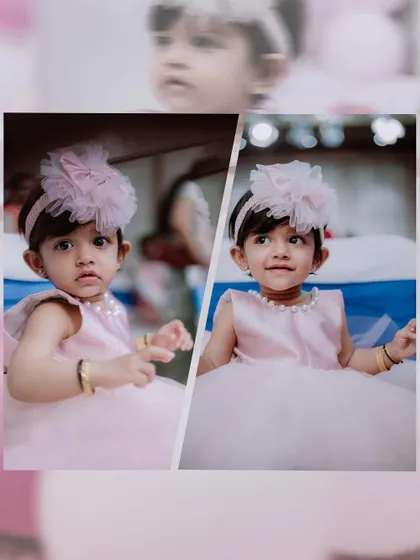 A collage showing the sweet and curious expressions of a one-year-old. Dressed in a lovely pink party dress, little Thara's personality shines in these candid shots taken during her birthday celebration.