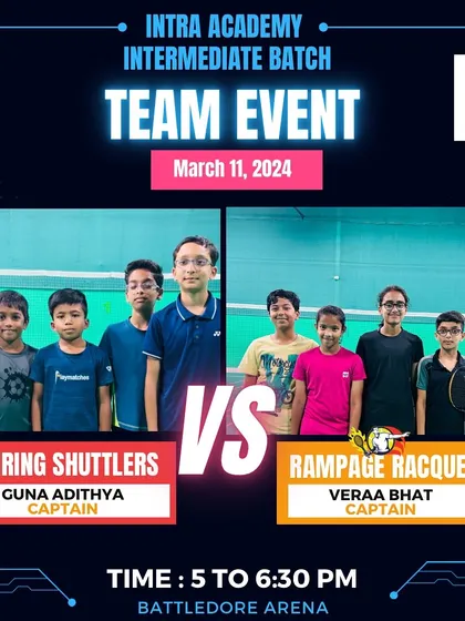 The Intermediate batch team event kicks off with the Firing Shuttlers versus the Rampage Racquets. A great platform for our developing players.