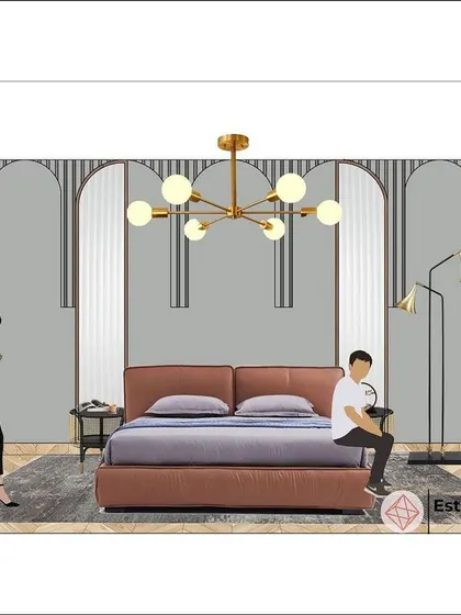 For this Art Deco master bedroom, the mood board focuses on bold geometry and luxury. The design features repeating arches and fluted panels behind the bed, complemented by a modern brass chandelier to create a sophisticated look.