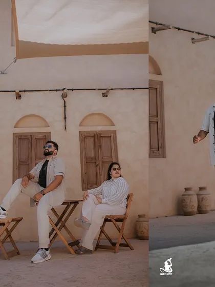 A stylish collage of a couple at a rustic, desert-themed location, showcasing their relaxed and cool chemistry.