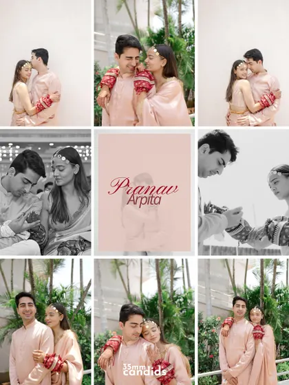 A collage of Pranav and Arpita's tender moments, showcasing their soft, romantic connection in beautiful pastel outfits. A favorite from our 2024 weddings.