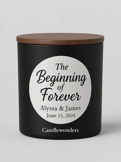 This matte black jar candle features a personalized "The Beginning of Forever" label, making it a sophisticated and modern wedding or engagement gift.