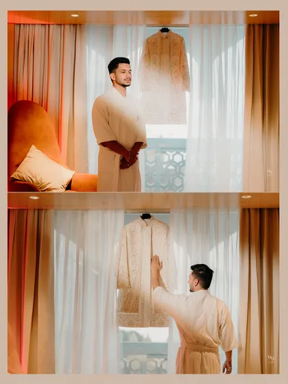 A diptych showing the groom getting ready, admiring his wedding sherwani. This tells the story of his anticipation for the ceremony.