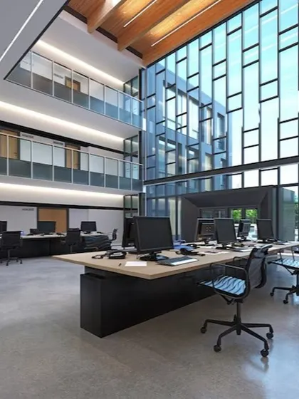 A concept for a modern, multi-level office with an open atrium and large glass windows, designed to foster collaboration and transparency in a corporate environment.