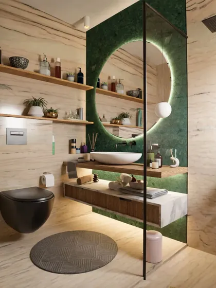 Another angle of our green marble bathroom concept. This view highlights the wall-mounted toilet and floating vanity, which are great choices for making a bathroom feel more spacious and easier to clean.