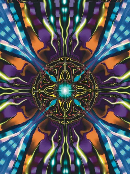 An experimental piece from my 'प्रयोग आणि निरीक्षण' series. This is a symmetrical, mandala like digital creation with a glowing center, using a vibrant palette of purple, orange, and neon yellow to create a sense of electric energy.