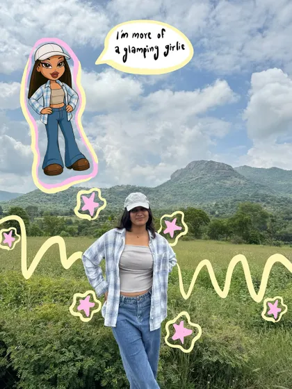 I'm more of a glamping girlie. This illustration captures a casual, outdoorsy look with a fun, stylized cartoon and thought bubble.