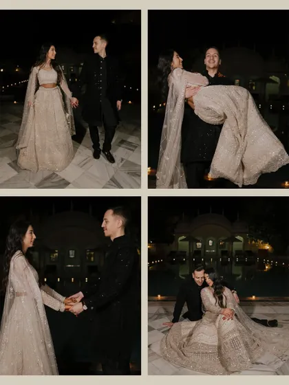 A collage of four romantic and playful couple portraits from their evening event, including shots of the groom carrying the bride and them sharing a quiet embrace.
