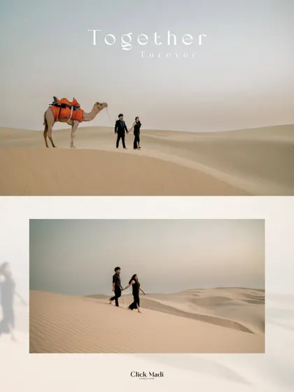 Two beautifully composed shots from a Rajasthan desert shoot, emphasizing the vastness of the landscape and the couple's journey together within it.