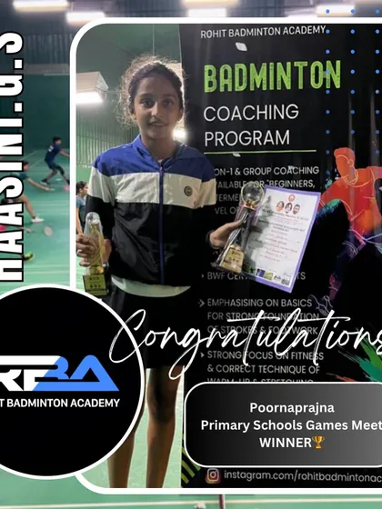 Haasini G.S. celebrates her first-place win at the Poornaprajna Primary Schools Games Meet. A fantastic achievement.