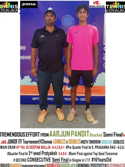 Announcing Aarjun's semi-final appearance in both singles and doubles at the J60 Junior ITF in Chennai.