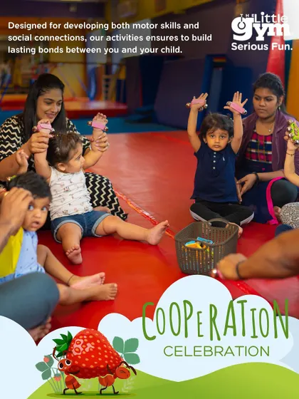 A series of photos showing parents and children engaged in activities that boost motor development and create joyful memories, from using musical instruments to sitting together in a circle.