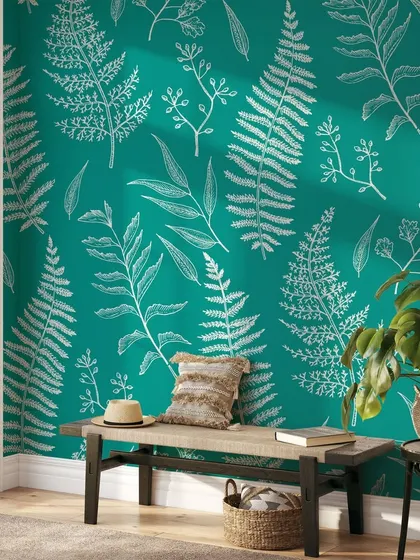 Our teal wallpaper with white fern and leaf prints adds a bold yet natural element to any room. It’s a great way to make a statement while still connecting with the tranquility of nature.