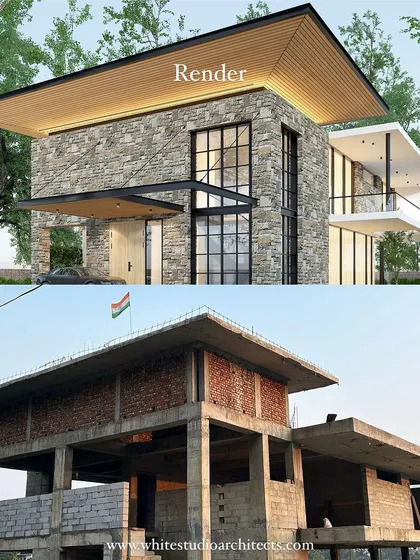 A comparison of the initial render and the actual construction progress for a residence in Dehradun. This shows our design vision coming to life, with a focus on raw textures, natural tones, and a seamless flow between indoors and outdoors.
