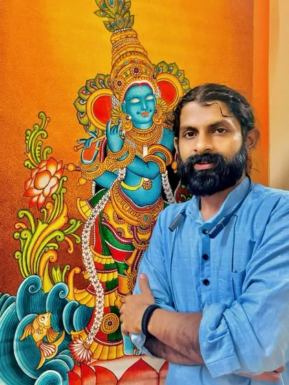 A moment with one of my completed Krishna paintings. I feel a deep connection with each piece I create, and I hope you can feel the devotion that goes into it.