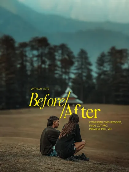A "Before & After" graphic showing the effect of my video LUTs on a cinematic shot. This clearly demonstrates the value of my digital products for fellow filmmakers.