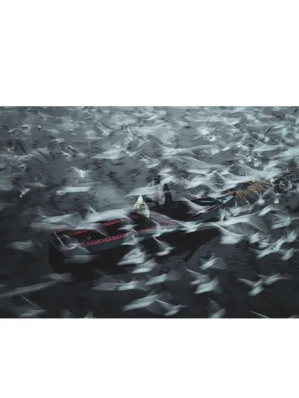 A motion-blurred shot of birds and boats on the Yamuna, creating an abstract and chaotic image that conveys the energy of the ghat.