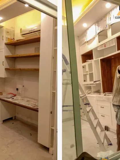 A look at a study and storage unit during the finishing phase. This split image shows the unit being painted and the near-finished product, highlighting the transition from a work-in-progress to a polished piece of furniture.