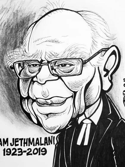 A tribute portrait of the veteran Supreme Court lawyer and former Law Minister, Ram Jethmalani. The shading and line work aim to reflect his sharp and formidable personality.