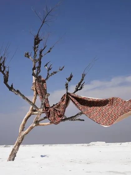 We use nature as a dynamic element in our shoots. Here, the wind and the stark landscape of the Rann of Kutch animate a simple textile, creating a feeling of wild, untamed beauty.