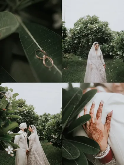 A collage capturing the essence of Jasleen and Bhavneet's wedding. It includes shots of the couple, the bride's portrait, the wedding rings, and the intricate details of her henna.